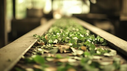 Fresh leaves on a conveyor belt