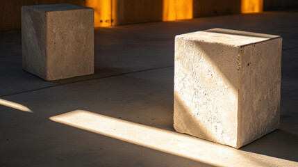 Abstract composition with textured square and rectangular shapes in sunlit space