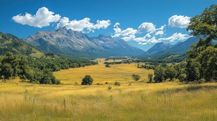 Golden valley nestled amidst majestic mountains under a vibrant sky