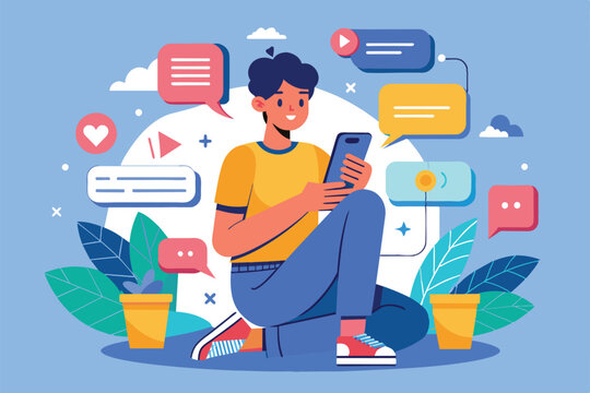 A young individual is engaged in texting on a smartphone amidst vibrant chat bubbles and greenery, Texting Customizable Disproportionate Illustration