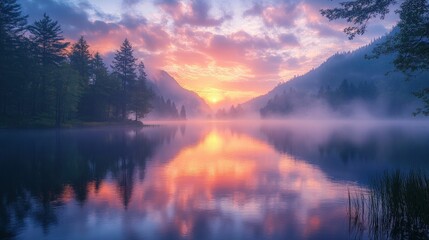 Serene sunrise over misty mountain lake