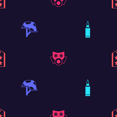 Set Bullet, Military helmet, Gas mask and rank on seamless pattern. Vector