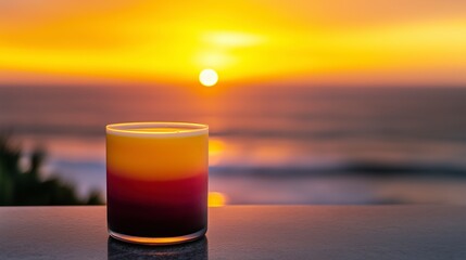 Vibrant Tequila Sunrise cocktail with gradient colors from deep red to bright orange on a seaside bar counter with a golden sunset over the ocean for romantic summer vibes