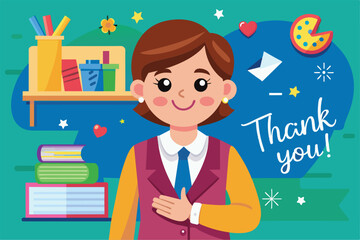 A smiling teacher with a colorful background expressing thanks for her hard work, Thank you teacher Customizable Cartoon Illustration