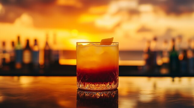 Vibrant Tequila Sunrise cocktail with gradient colors from deep red to bright orange on a seaside bar counter with a golden sunset over the ocean for romantic summer vibes