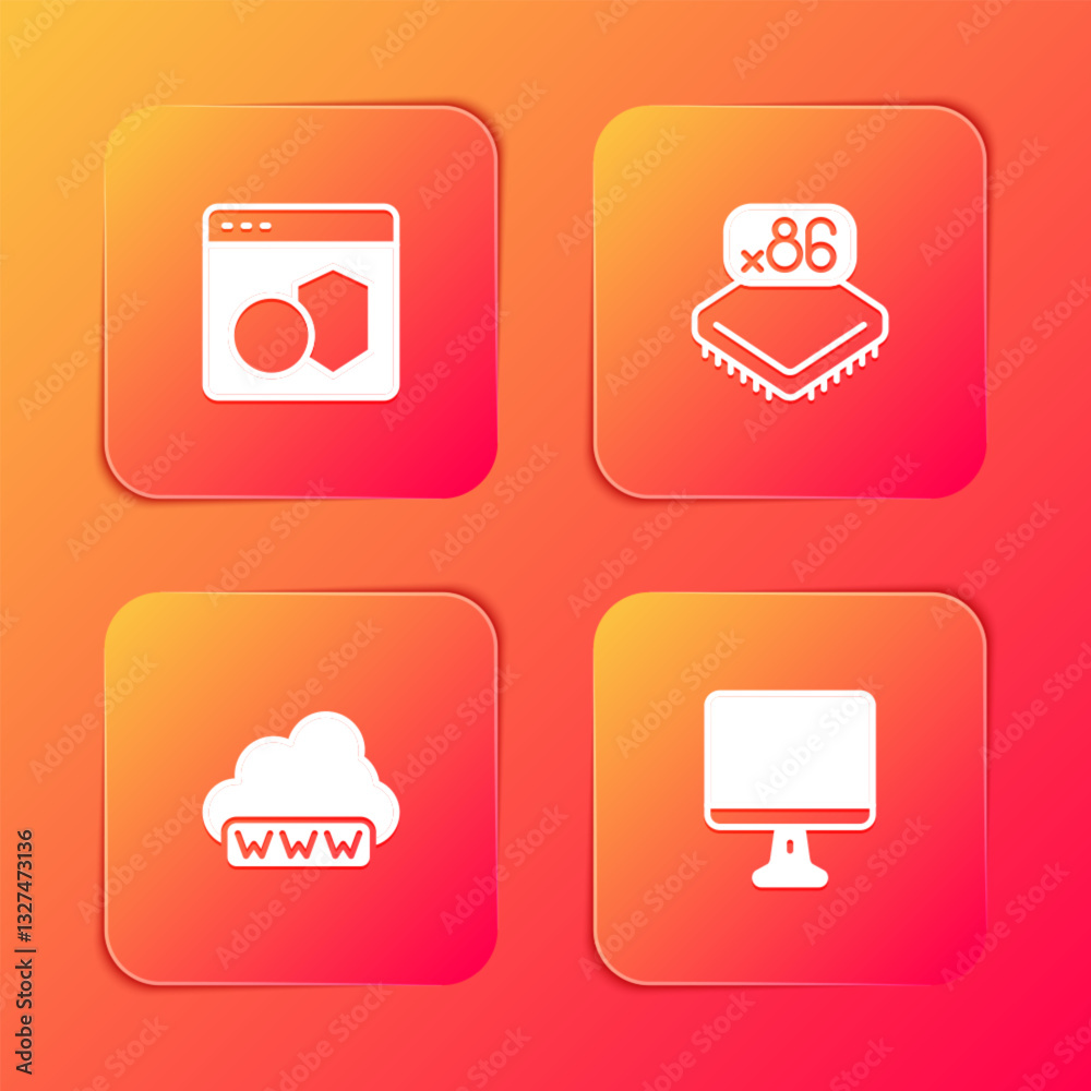 Poster set software, processor with microcircuits cpu, web development and computer monitor screen icon. ve