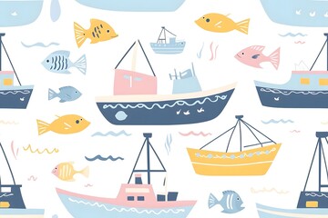 Adorable Vessels and Fish in Soft Pastel Hues, Continuous Nautical Design