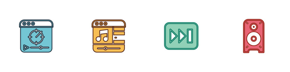 Set Online play video, Music player, Fast forward and Stereo speaker icon. Vector
