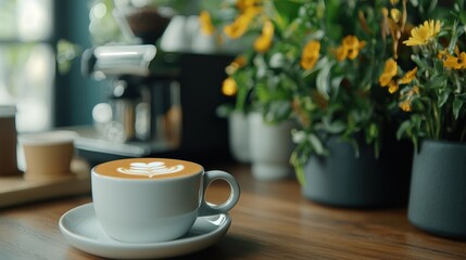 Obraz premium A cozy cafe scene featuring a beautifully crafted cup of latte art beside vibrant potted flowers on a wooden table.