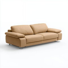 Fototapeta premium A modern beige leather sofa with plush cushions, perfect for contemporary living spaces and enhancing home decor.
