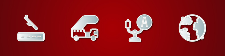 Set Plane landing, Passenger ladder, Aircraft steering helm and Worldwide icon. Vector