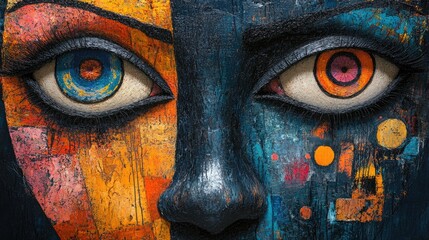 Abstract face art, vibrant colors, close-up eyes, textured background, art design