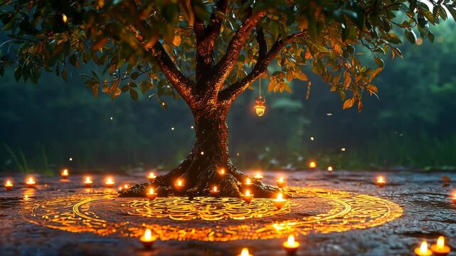 A lush green tree encircled by glowing diyas on a rainy ground, symbolizing nature, spirituality, and divine connection in Hindu traditions. . High quality 4k footage
