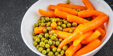 Green peas and carrot canned food tasty fresh delicious gourmet food background table rustic food top view copy space keto and paleo diet vegetarian and vegan food