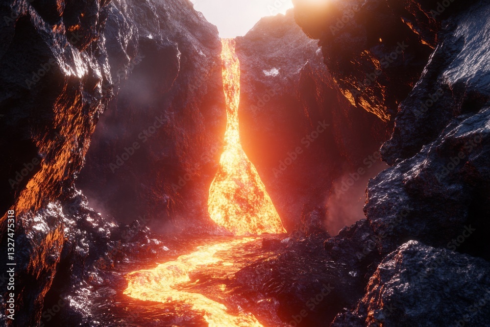 Aufkleber a lava waterfall flowing down from the top of an active volcano into a deep canyon, with volumetric 