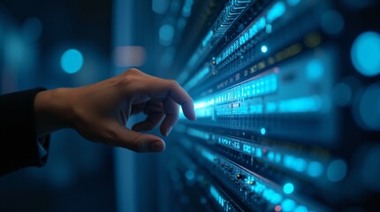 Hand touching digital interface with glowing blue data streams. Future technology concept for big data analysis, artificial intelligence, and machine learning visualization