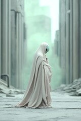 Naklejka premium In a ruined city where skyscrapers lie in disarray, a lone alien draped in tattered robes wanders through the eerie green fog. The atmosphere evokes a sense of despair and loss