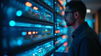 Man monitoring server room with glowing data center equipment. Network administrator in dark room with blue light. Information technology, cybersecurity, and data management concept.