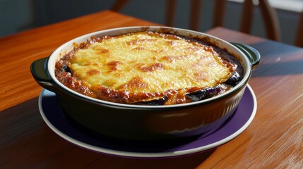 Golden Brown Baked Casserole with Melted Cheese on Wooden Table