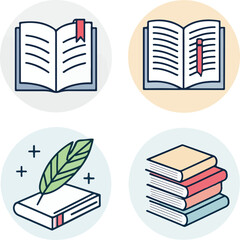 Set of Book-Themed Icons with Editable Stroke in Vector Format