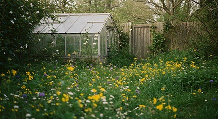 Obraz premium Greenhouse in a Vibrant Meadow with Colorful Wildflowers and Wooden Fence