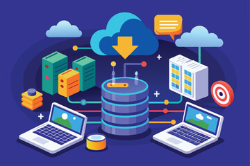 A digital illustration shows multiple laptops connected to a cloud for backing up data efficiently, The concept is backing up the data