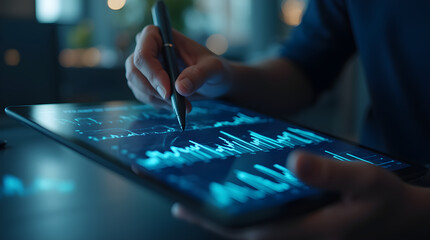 Financial Data Analysis on Tablet with Stylus - Stock Market Graphs