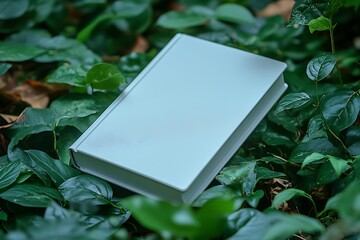 Blank Book Cover Mockup White Book in Lush Green Foliage