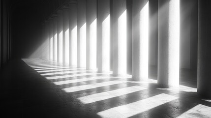 Sunlit Columns Hallway; Interior Architecture; Dramatic Lighting