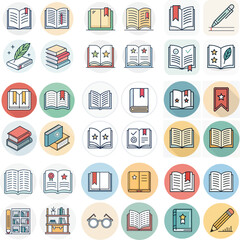 Set of Book-Themed Icons with Editable Stroke in Vector Format