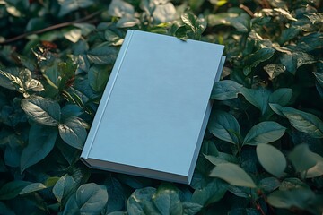 Serene Light Blue Book Mockup on Lush Green Leaves Background