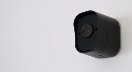 Smart home security camera mounted on white wall. Wireless surveillance device for property protection. Modern technology for remote monitoring and crime prevention.