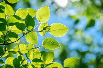 Obraz premium 青空の下で輝く新緑の葉が光を通して生き生きとした印象を与える様子