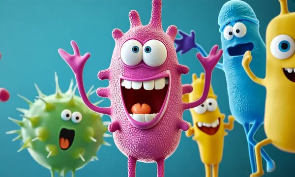 Cartoon microbes celebrate with open arms, toothy grins against a plain, vibrant blue backdrop