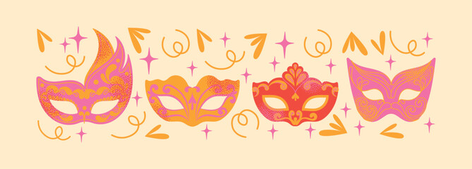Decorative Venetian carnival masks with ornate patterns and swirls. Flat vector illustration of masquerade masks in pink, gold, and red with festive elements. Carnival and masquerade party concept