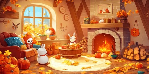 A Cozy Cartoon Interior Featuring Pumpkins And Fall Decorations