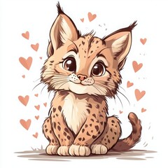 Adorable lynx kitten with big, expressive eyes surrounded by hearts.  Perfect for Valentine's Day or any occasion needing cuteness!