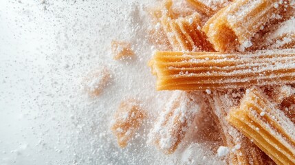 A close-up shot of churros being dusted with powdered sugar, creating an artistic moment that showcases the delightful combination of taste and visual appeal.