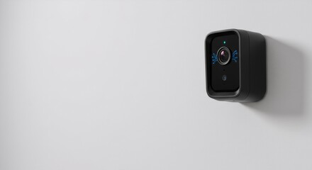 Smart home security camera on white wall with copy space. Modern surveillance technology for home protection. Wireless monitoring system concept for property safety