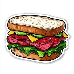 A delicious-looking sandwich with roast beef, cheese, lettuce, tomato, and cucumber. Perfect for lunch or a snack!