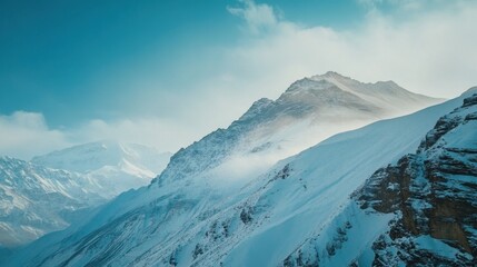 Spiti Valley in India. Himalaya mountain range, aerial view on the hill, Ladakh in India. Asia mountain Himalayas, blue winter landscape with rocky hill a snow range. Wild nature in India