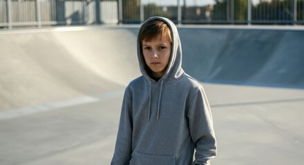 Teen boy in gray hoodie standing at skate park in urban setting
