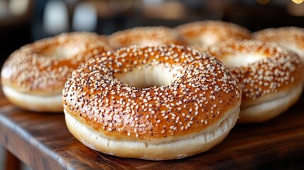 Sesame bagels on wood table in cafe, blurry background