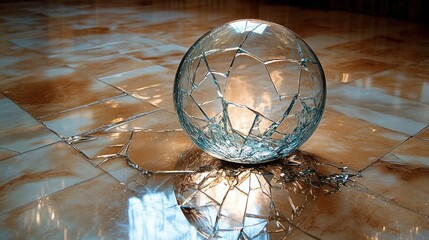 Shattered glass sphere on reflective tile floor, light reflection