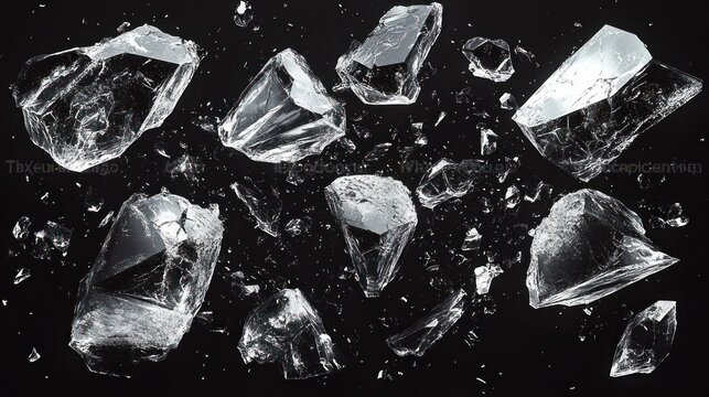 Shattered ice shards exploding on dark background, frozen motion