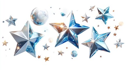 Shiny blue stars, orbs float on white background, festive banner design