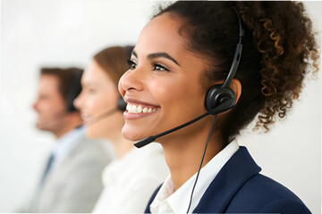 Cheerful Customer Service Representative in Office Environment Providing Support with Headset and Engaging Smile to Enhance Client Satisfaction