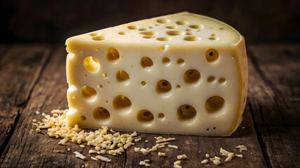 A beautiful Swiss cheese with holes, a useful dairy product. Tasty food. Country style photo. Place for text. Copy space.