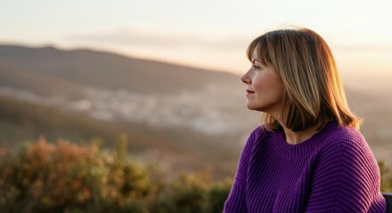 Fototapeta premium Mature caucasian female enjoying tranquil mountain view at sunset