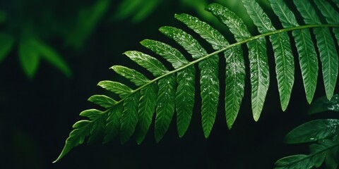  Makroaufnahme eines grünen Farnblatts mit dunklem Hintergrund, Macro shot of a green fern leaf with dark background 